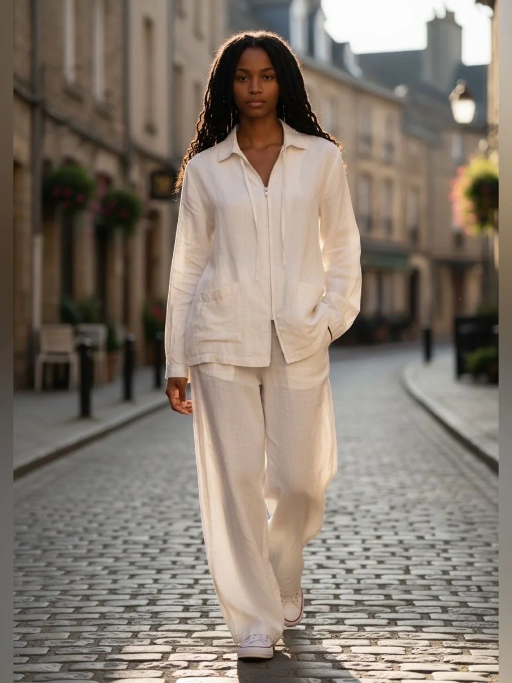 Eileen Fisher Cream 100% Irish Linen Zip Front Jacket and Pants Set Size XL